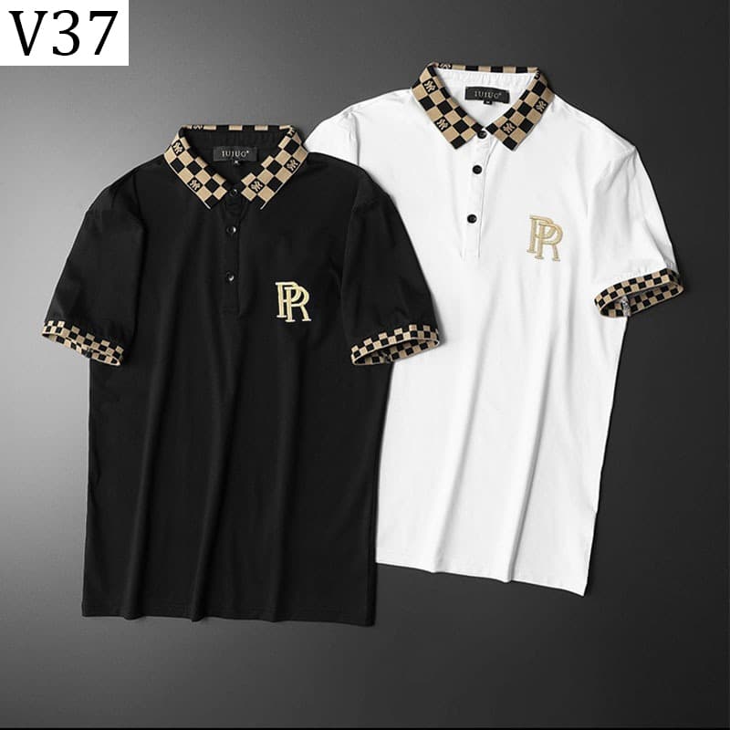 V37 เสื้อโปโลแขนสั้นขาวดํา ปักโลโก้ PR เหมาะสําหรับทุกโอกาสและทุกวัย