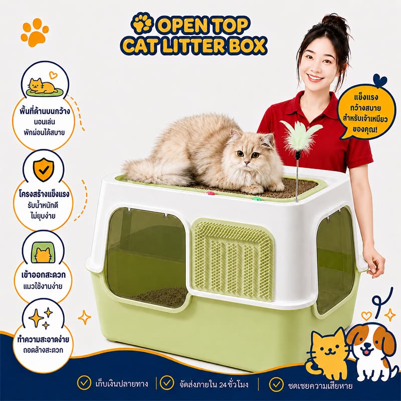 ห้องน้ําแมวตัวใหญ่ ถาดทรายแมว กระบะทรายแมว cat litter box กระบะทรายแมวแบบปิด กล่องทรายกึ่งเปิด…