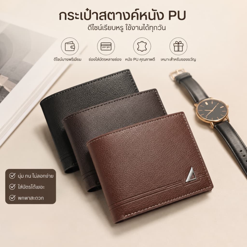 กระเป๋าสตางค์ผู้ชายสั้นแนวนอน หนังPU บางเฉียบ น้ําหนักเบา หลายช่องใส่บัตร สไตล์เรียบหรูธุรกิจ…