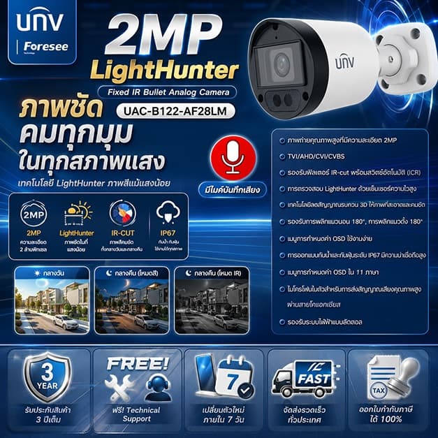 กล้องวงจรปิด UNV ความละเอียด 2MP รุ่น UAC-B122-AF28LMเทคโนโลยี LightHunter…