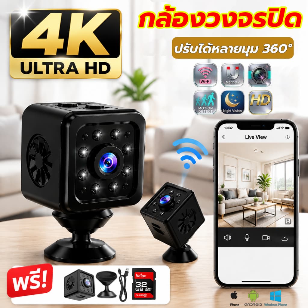 กล้องจิ๋ว WiFi เฝ้าระวังอัจฉริยะแบบพาโนราม่า แบตเตอรี่บิ้วอิน กล้องวงจรปิด กล้องวงจรปิดไร้สาย