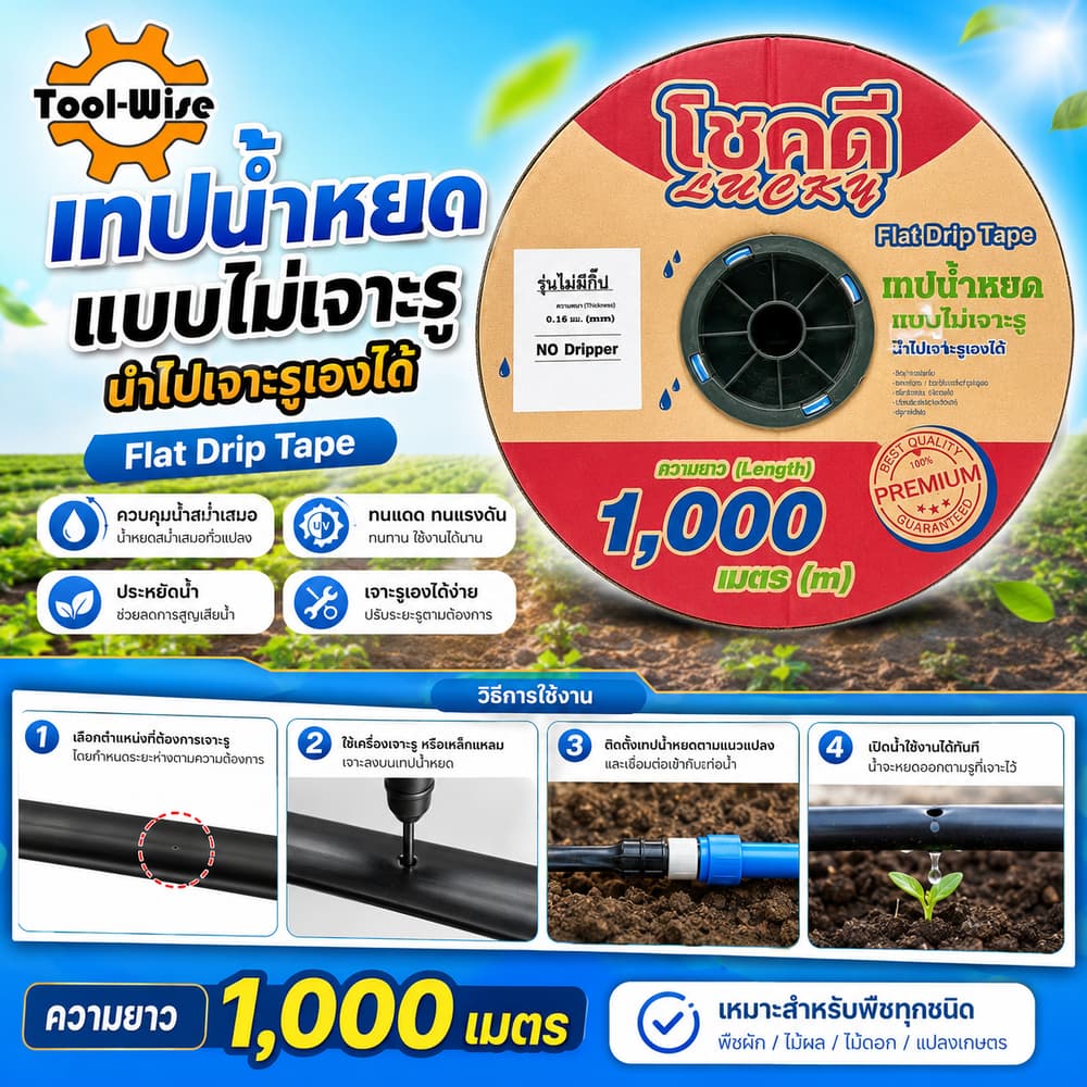 เทปน้ําหยดแบบไม่เจาะรู 16 มิล (3หุน) ยาว1,000เมตรเต็ม(สั่งได้ไม่เกิน4ม้วน/1ออเดอร์)