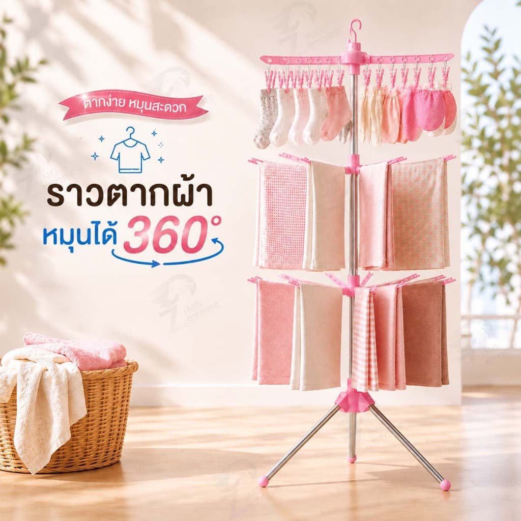 ราวตากผ้าเหล็ก 3 ชั้น รุ่นพับเก็บได้ 24 ตัวหนีบ หมุนได้ 360 องศา โครงเหล็ก ที่ตากผ้าในคอนโด AY