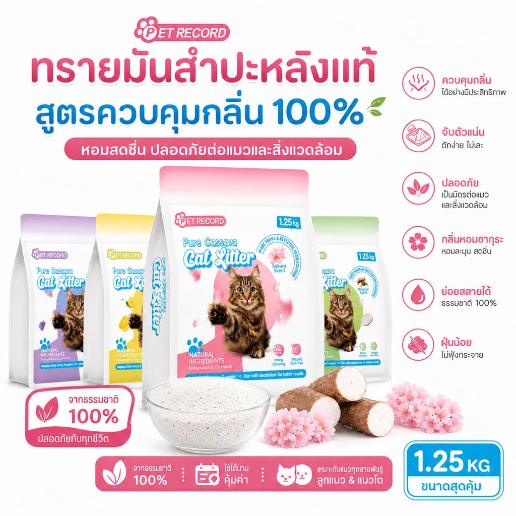 ทรายแมวมันสําปะหลัง 100%ธรรมชาติ 1.25 กก./ถุง ฝุ่นน้อย จับตัวเป็นก้อนเร็ว ดับกลิ่นดี ไม่ติดก้น เทลงชักโครกได้…