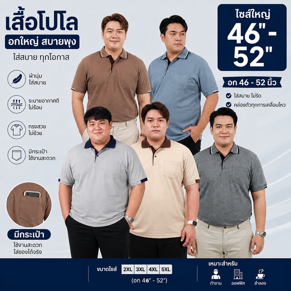 ANA เสื้อโปโลคนอ้วน ✔มีกระเป๋าเสื้อ ไซส์ใหญ่ 46-52" ใส่สบาย มีพุงก็ใส่ได้