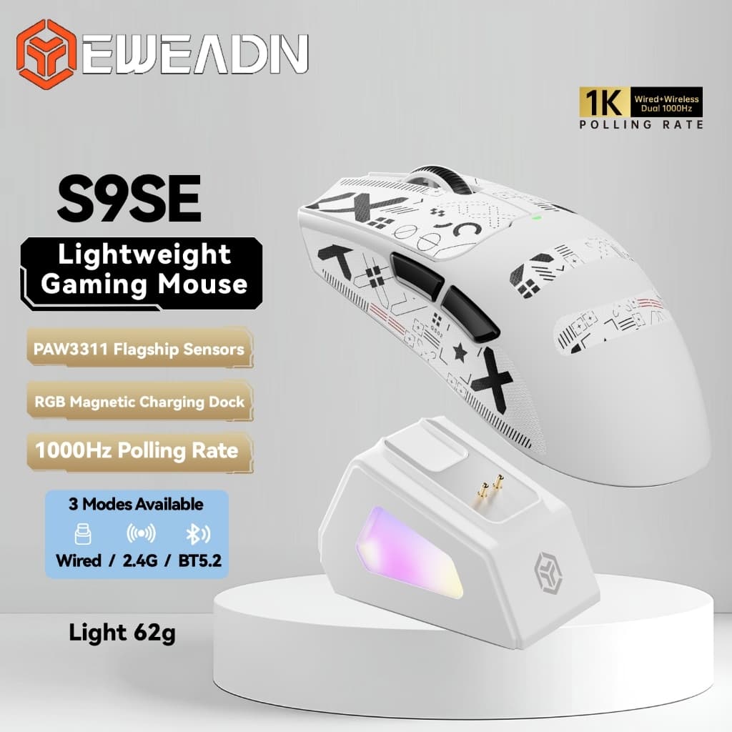 EWEADN เมาส์เล่นเกมไร้สาย S9SE PAW3311 น้ําหนักเบา 3 โหมด 2.4G/บลูทูธ/แบบมีสาย