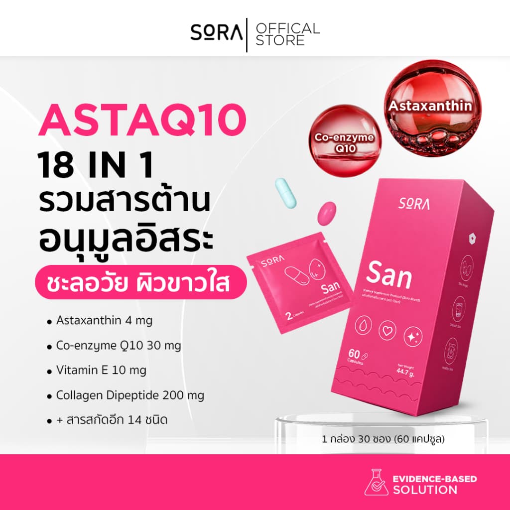 Sora SAN วิตามินซองกันโทรม 1x30 l สูตร AstaQ10 กู้ผิวหมอง ปกป้องผิวจากแดด เสริมพลังงาน บูสสมองเฟรช