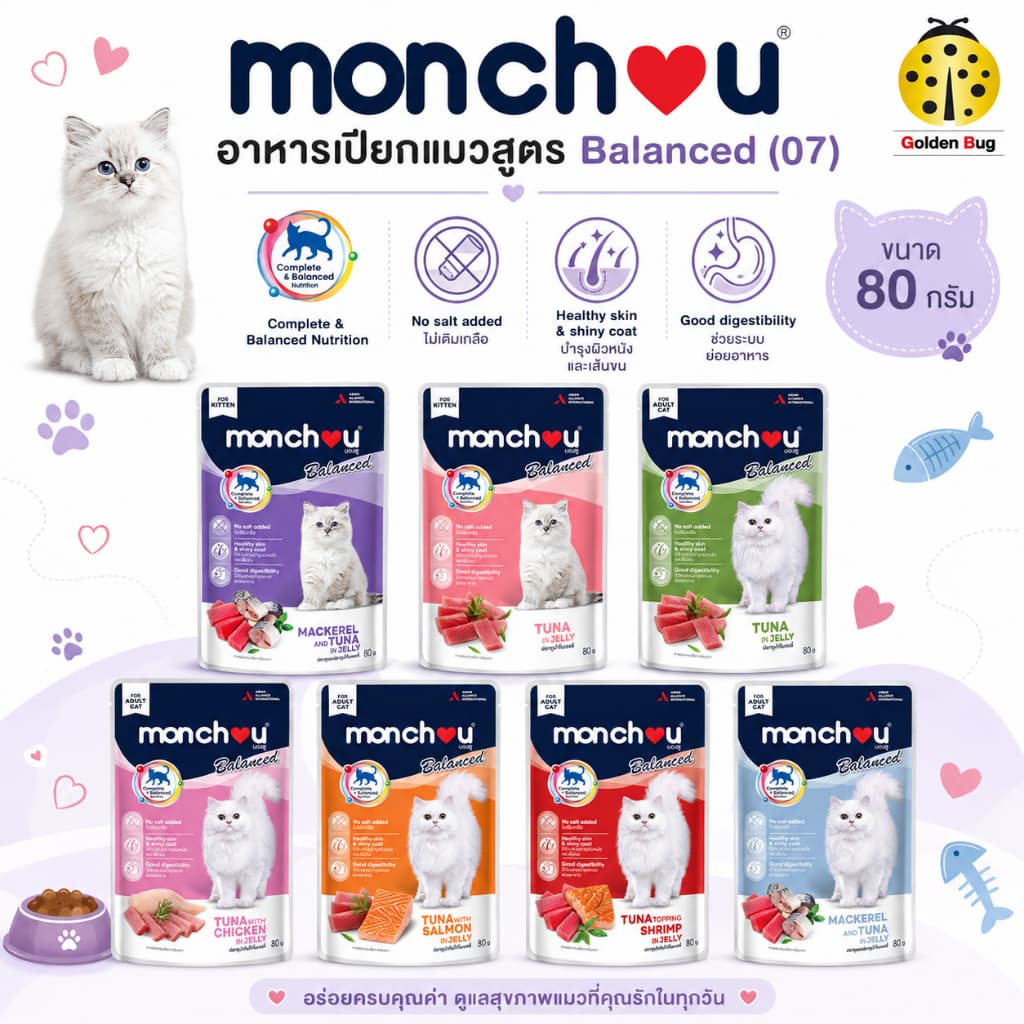 (โหล x12) monchou Balanced มองชูอาหารแมวเปียก สูตร Balanced ไม่เติมเกลือ 80g