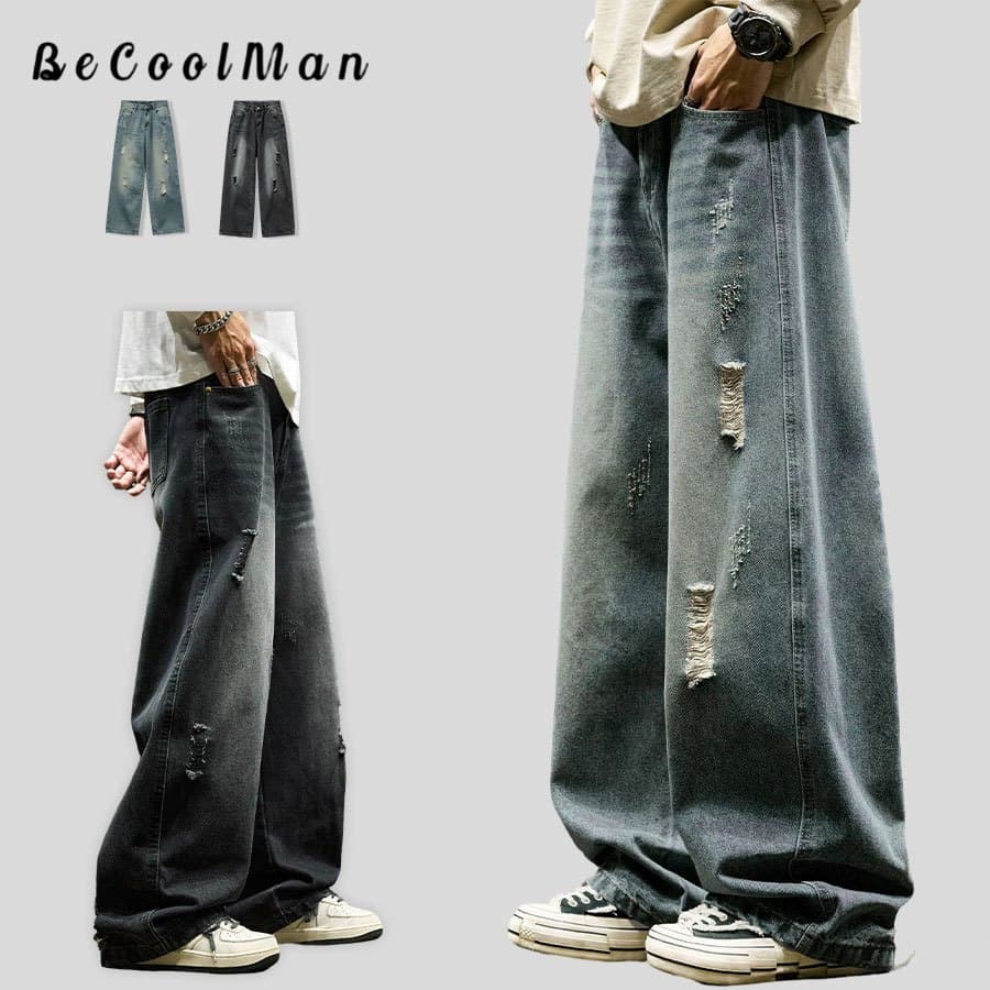 BecoolMan กางเกงยีนส์ผู้ชายขาดๆ สไตล์อเมริกัน ทรงตรง มีดีไซน์ หลวม ขากว้าง ลําลอง เข้ากับทุกชุด รุ่นใหม่ปี…