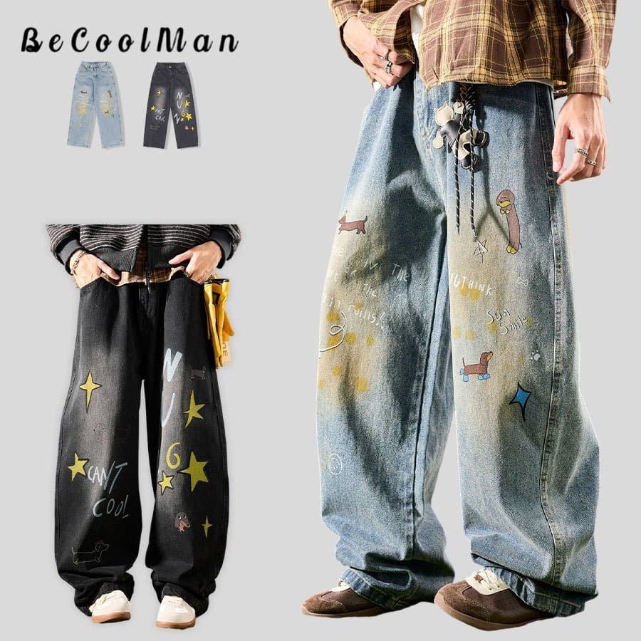 BecoolMan กางเกงยีนส์ผู้ชายลายพิมพ์ มีลายพิมพ์สองแบบ ทรงตรง ขากว้าง สัมผัสนุ่ม สไตล์วินเทจอเมริกัน แฟชั่น…