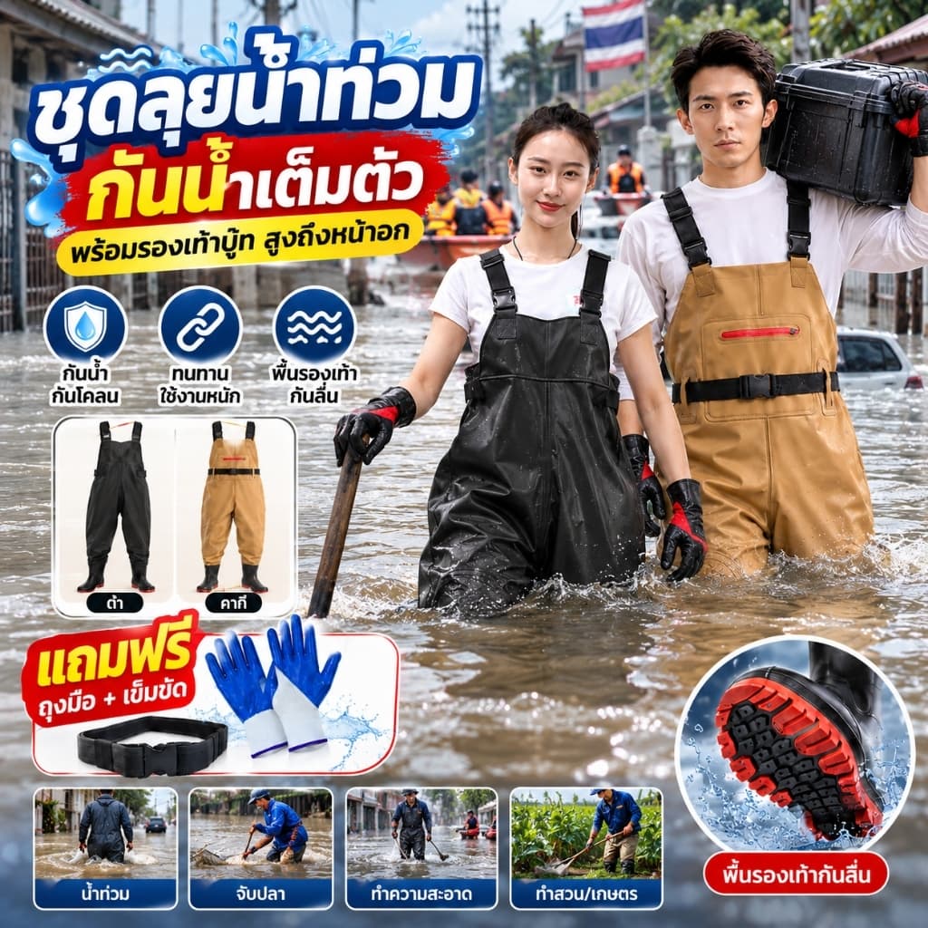 น้ําท่วม ลุยน้ํา ชุดลุยน้ําท่วม ไซต์ 40-45 กางเกงกันน้ํา ชุดกันน้ํา ชุดเอี๊ยมกันน้ํา PVC กันเชื้อโรค… รูปที่ 1