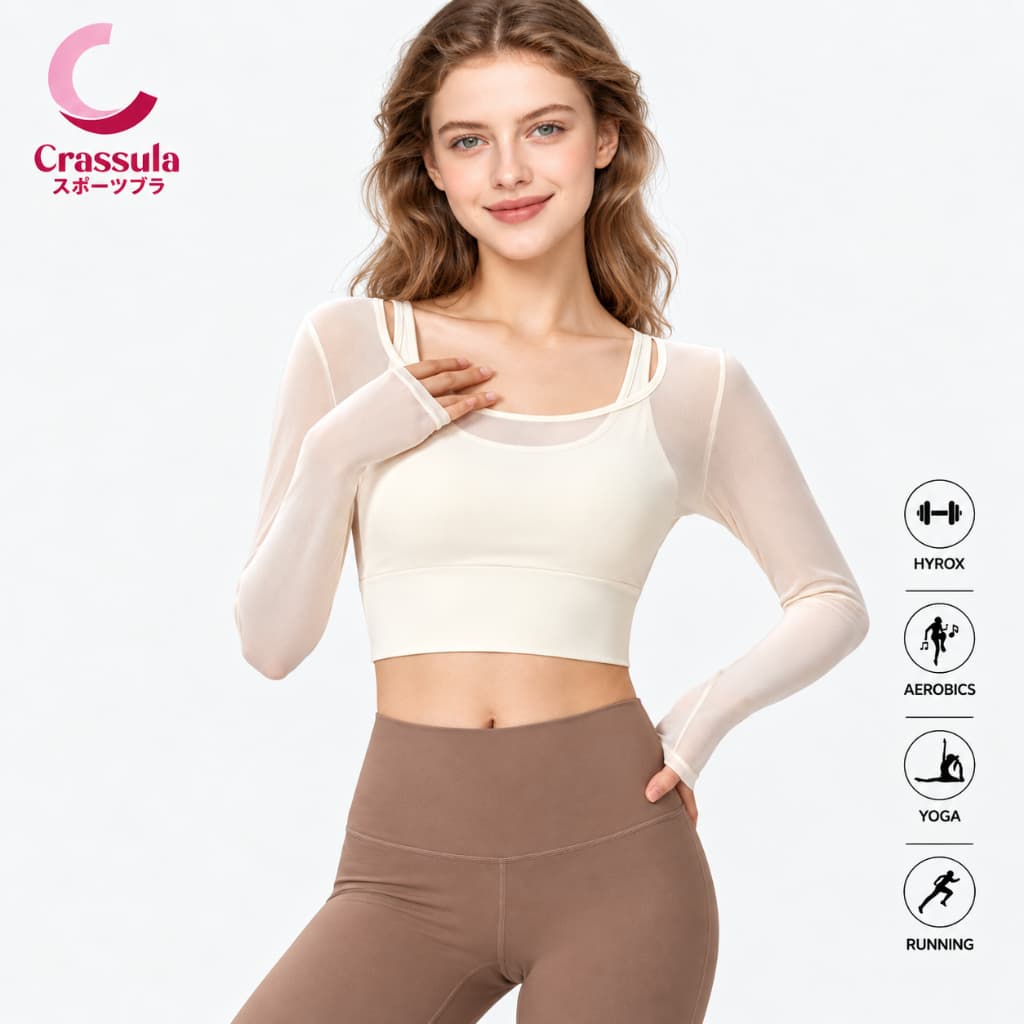 Crassula แท้ เสื้อโยคะแขนยาว ดีไซน์สองชั้นตาข่าย Sport Bra Mesh ระบายอากาศได้ดี มีฟองน้ําในตัว