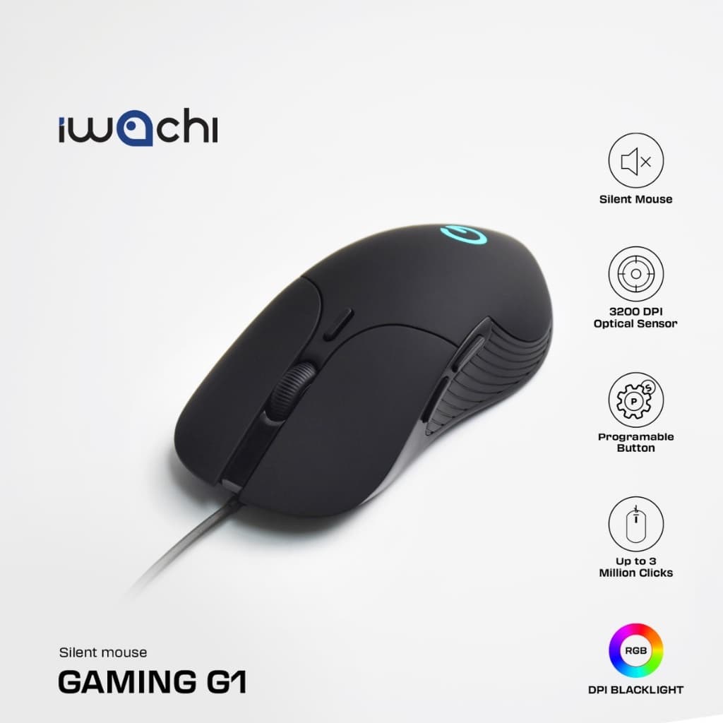 เมาส์ IWACHI G1 สําหรับเกมมิ่ง มีสายปุ่มกดไร้เสียง ระบบออปติคอล DPI 800/1600/2400/3200 (ตั้งค่าได้)