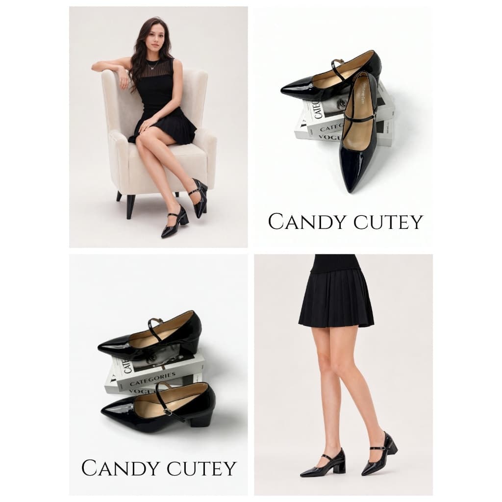 Candy Cutey รองเท้าผู้หญิงแมรี่เจน หัวแหลม ดีไซน์เรียบง่ายหรูหรา มีสายรัดปรับได้ คัทชูแฟชั่น เหมาะทํางาน…