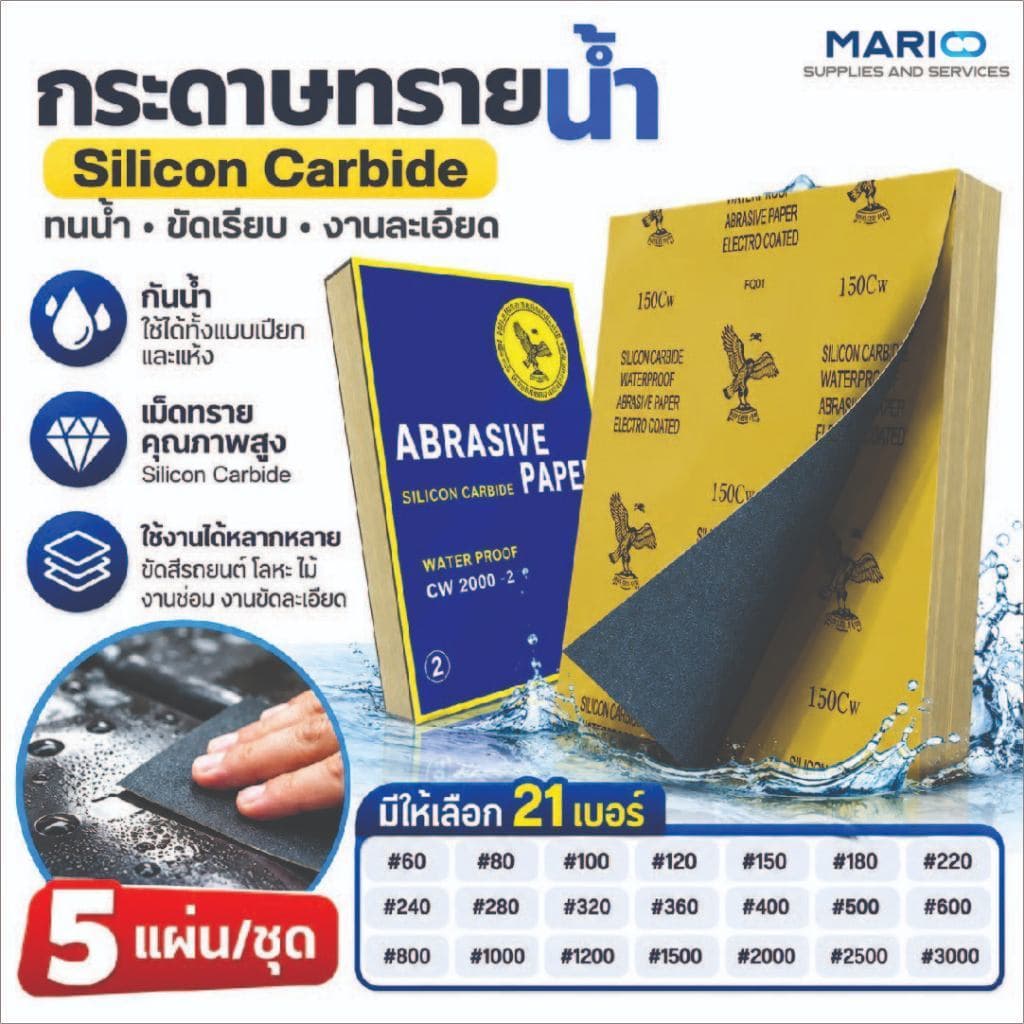 MARIO กระดาษทรายน้ํา ตรานกอินทรี Eagle Silicon Carbide ทนน้ํา ขัดสีรถ โลหะ ไม้ เบอร์ 60–3000 | 5 แผ่น/ชุด