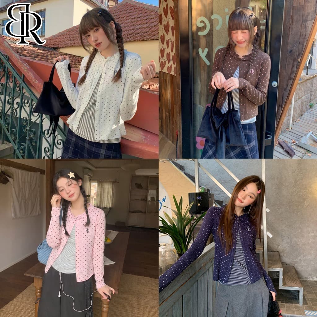 B&R พร้อมส่ง เสื้อยืดแขนยาวลายจุด เสื้อระบายฤดูใบไม้ร่วง ทรงเข้ารูป สไตล์เกาหลีน่ารัก ขนาด S-4XL