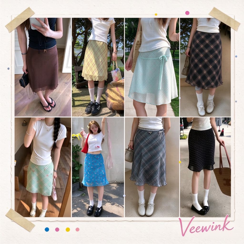 Veeiwnk กระโปรงครึ่งตัว กระโปรงลายสก็อตสีหวาน โบว์ริบบิ้น ตาข่าย เอวสูงทรงเอ ความยาวกลาง ลดน้ําหนัก