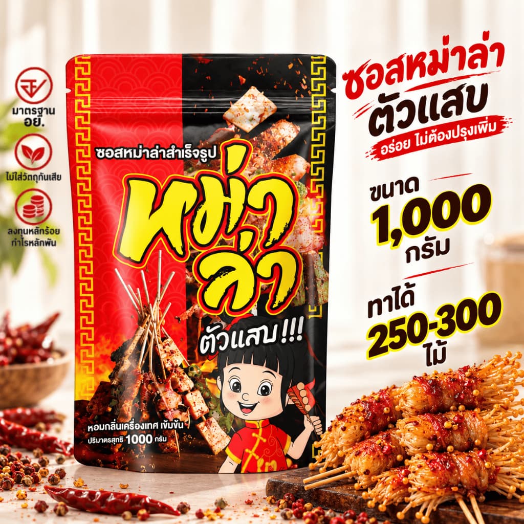 ซอสหม่าล่า ตัวแสบ (ซอสอย่างเดียว1000g+ชุดประถม) สูตรเผ็ดชา หอมเครื่องเทศ ใช้ได้ทันที