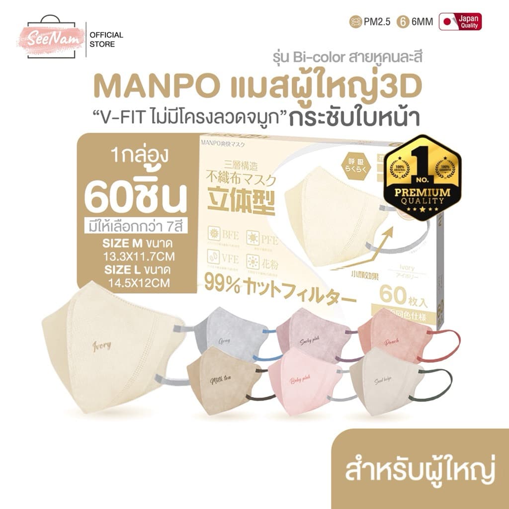 Manpoแมสผู้ใหญ่ทรงv-fit รุ่น bi-color 1กล่อง60ชิ้น