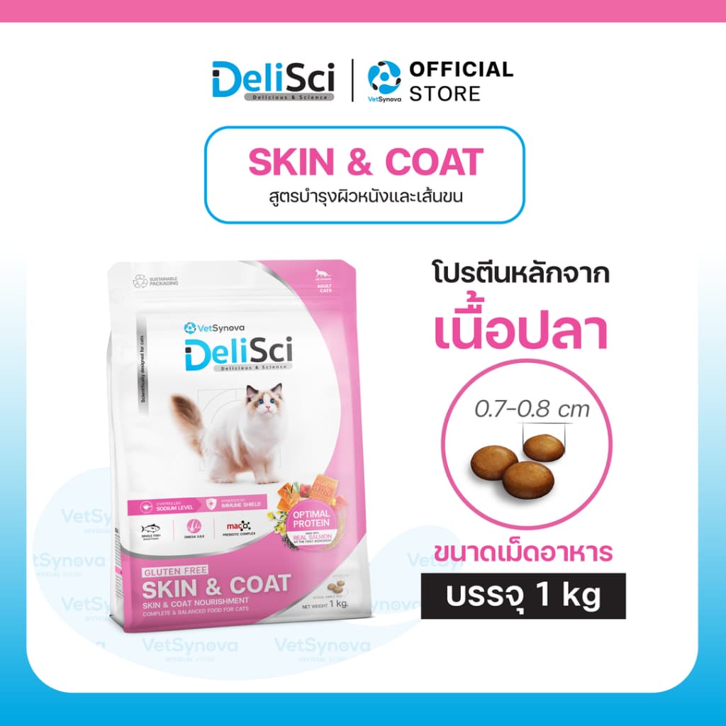 DeliSci Skin & Coat Cat Dry อาหารเม็ดสูตรบํารุงผิวหนังและเส้นขน ตัวช่วยผิวหนังแข็งแรง 1kg