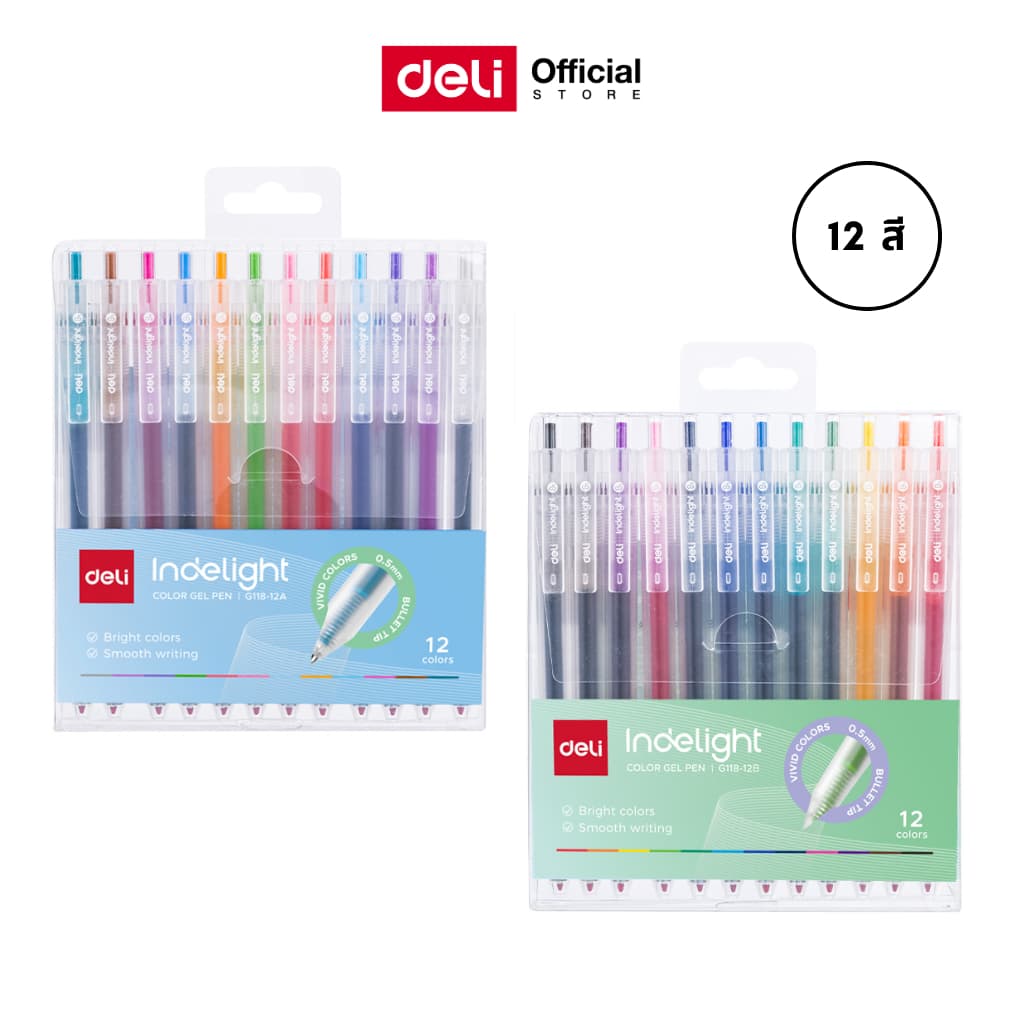 ชุดปากกาเจลสีแบบกด Bullet tip 0.5mm Deli รุ่น G118-12A / G118-12B (จําหน่าย1ชุด/12สี/12ด้าม)