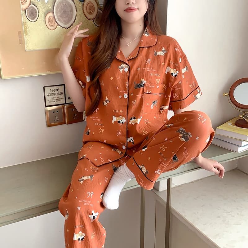 ชุดนอนสไตล์เกาหลี ผ้าไหมญี่ปุ่นนุ่มใส่สบาย แขนสั้น ขายาว บิ๊กไซส์ L-4XL ส่งไว
