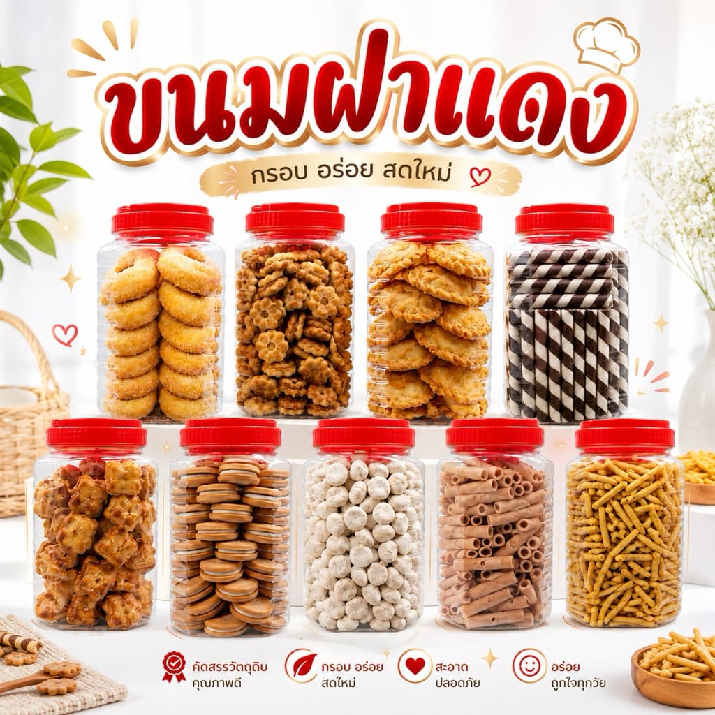ขนมฝาแดง กระปุกใหญ่ ขนาด 800-1000กรัม (ขนมเปราะบางแตกหักง่าย (รบกวนอ่านลายละเอียดก่อนกดสั่งซื้อนะค่ะ)
