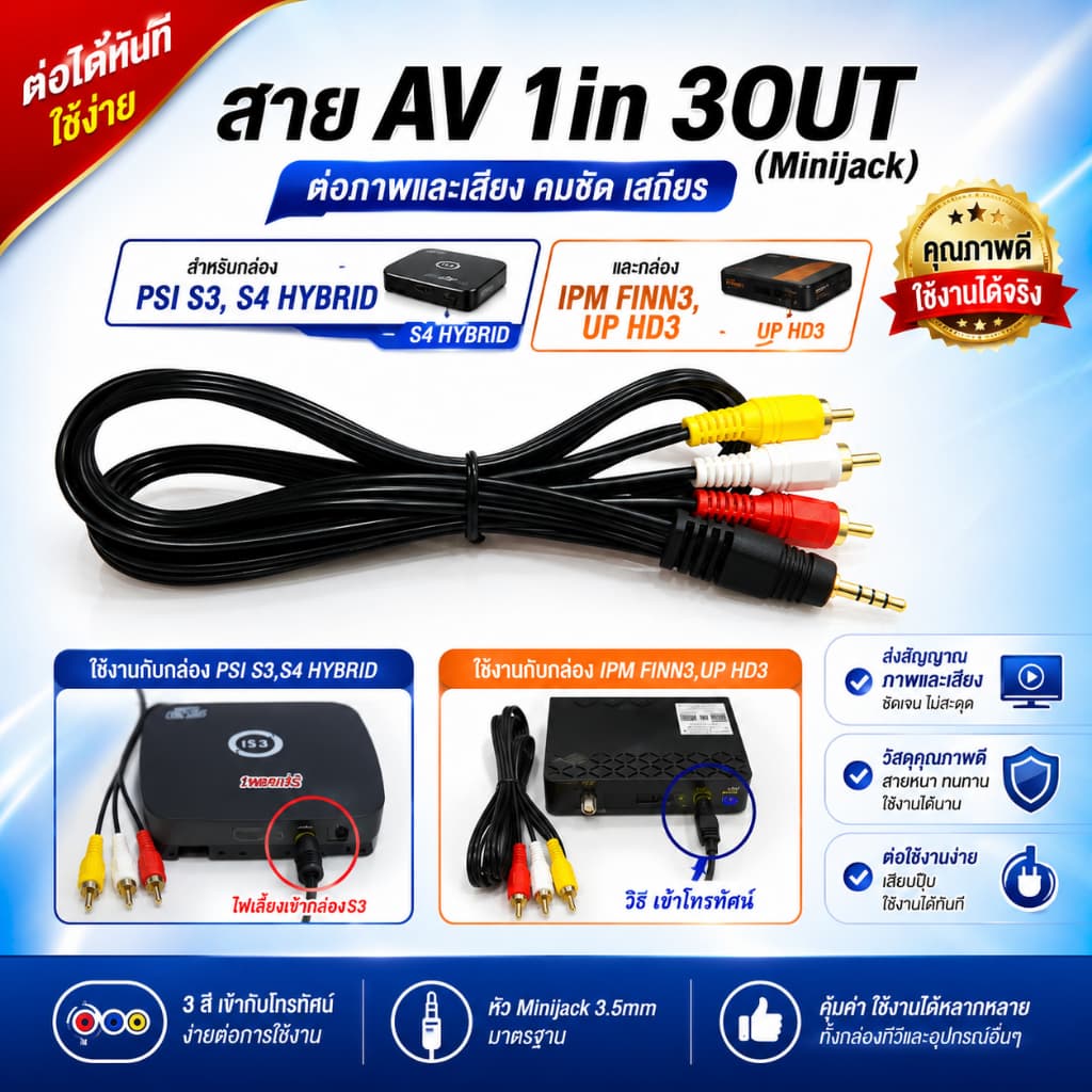 สาย AV 1 in 3 Out แจ็ค 3.5 มิล. ยาว 1.50 เมตร (สําหรับกล่องPSIS3HYBRID)
