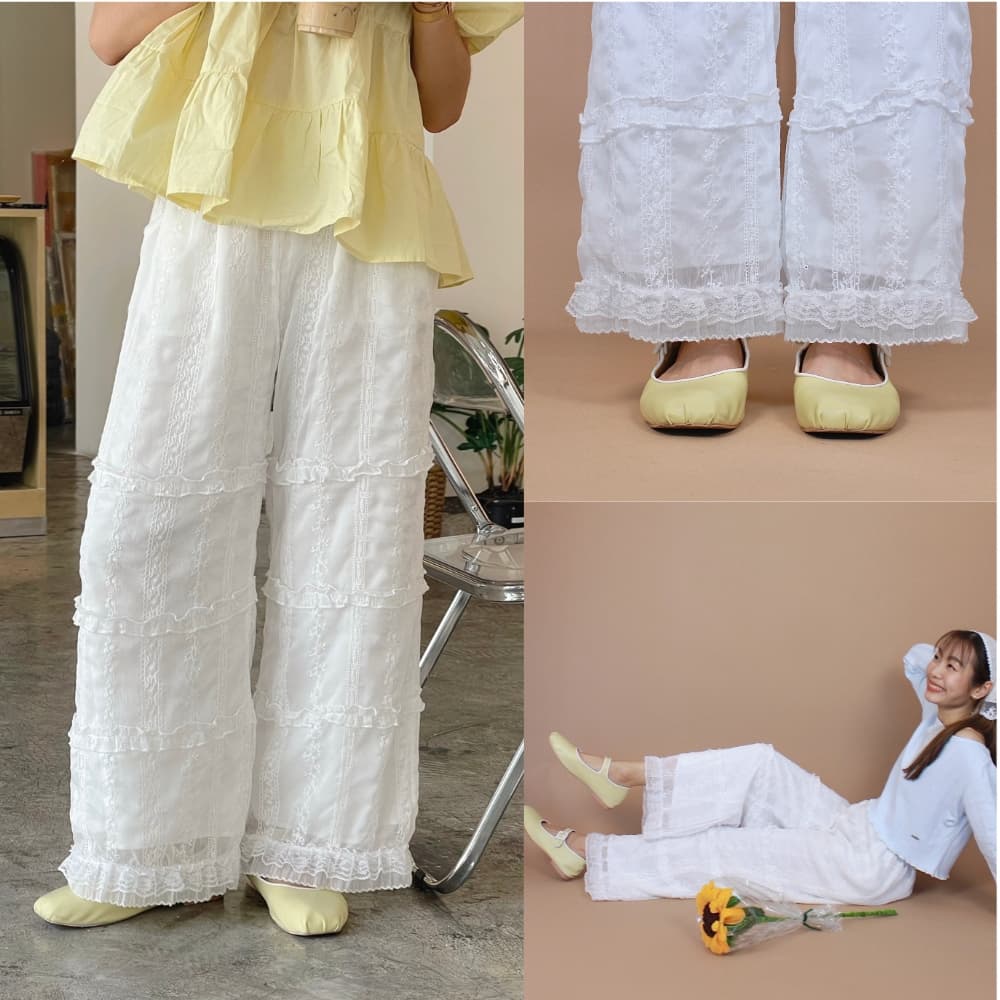(S-3XL) CHAWY Softie lace pants C4790 กางเกงขายาวลูกไม้