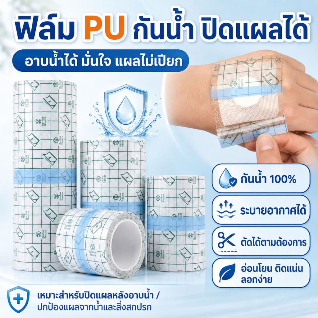 เทป PU ฟิล์มกันน้ํา แผ่นปิดแผลหลังผ่าตัด สําหรับอาบน้ํา กันแผลติดเชื้อ ยาวจุใจ 5 เมตร ความกว้าง (5,10,15cm)…