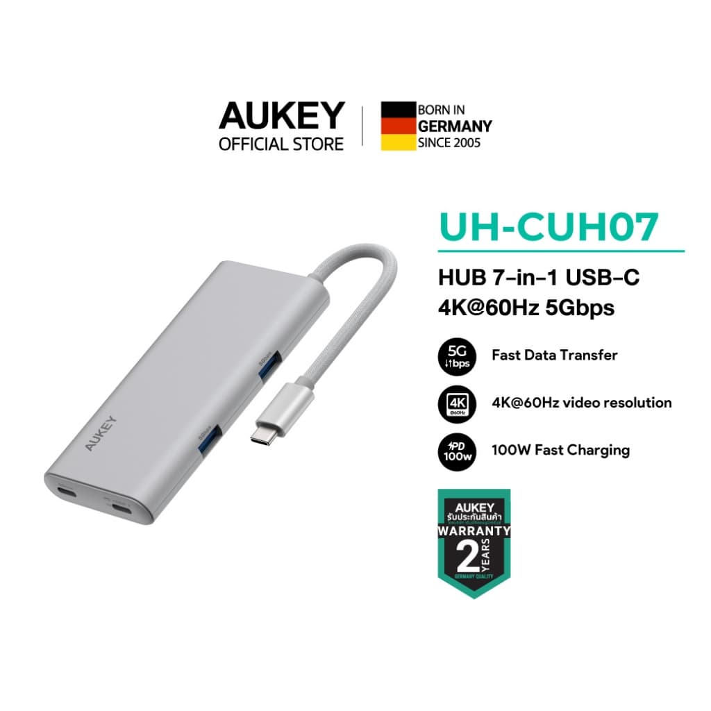 AUKEY UH-CUH07 ฮับ OfficeDok 7-in-1 Lite USB-C Hub รองรับ 4K60Hz USB-C Power Delivery 100W USB 5Gbps, SD/TF…