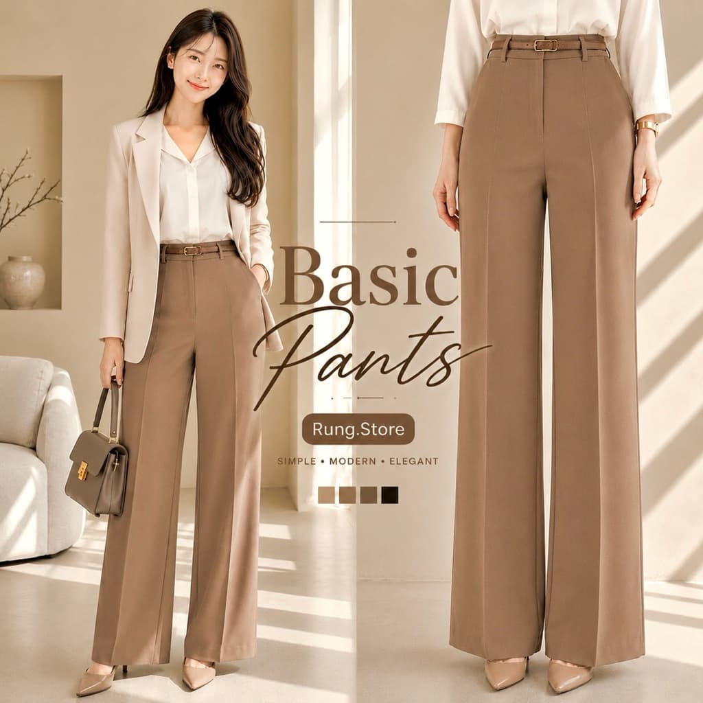 PT04 - Basic Pants กางเกงกระบอกใหญ่ เอวสูง (รุ่นตะขอหน้า) ผ้าลิลลี่พรีเมียม Lily Premium (มีให้เลือก 2…