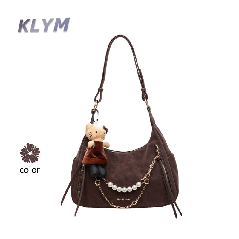 KLYM #TL009 กระเป๋าโท้ทผู้หญิง กระเป๋าสะพายไหล่ หนัง PU ทรงโฮโบ จุของเยอะ แต่งโซ่มุก พร้อมพวงกุญแจ