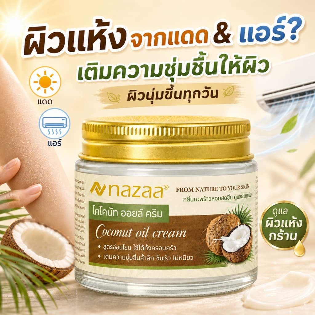 NAZAA Coconut Oil Cream ผสม Vitamin E ฟื้นบํารุงผิวแห้ง ชุ่มชื้นยาวนาน ไม่เหนียว
