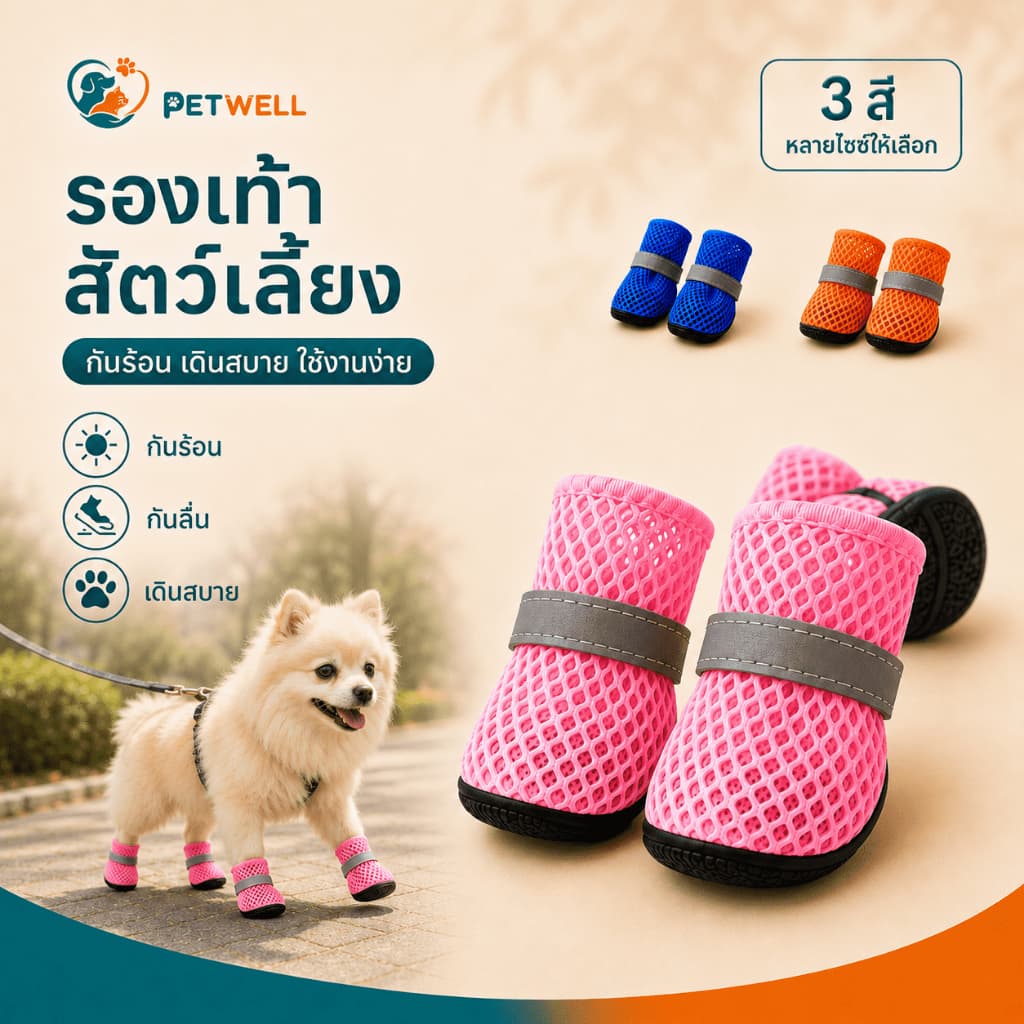 รองเท้าสุนัข PETWELL ชุด 4 ชิ้น ระบายอากาศ กันลื่น เหมาะสําหรับฤดูร้อนและกลางแจ้ง