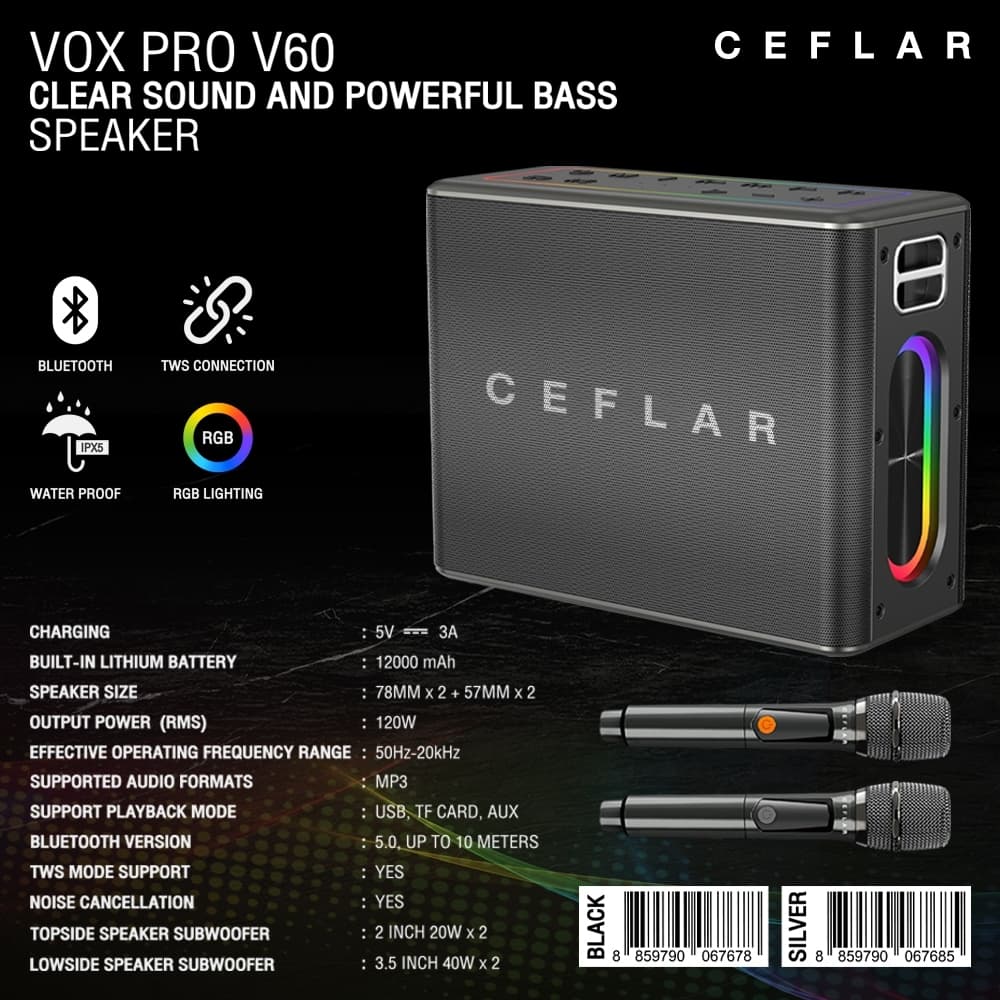 CEFLAR VOX PRO V60 ตู้ลําโพงบลูทูธ พร้อมไมโครโฟนไร้สายถือคู่พกพาสะดวก