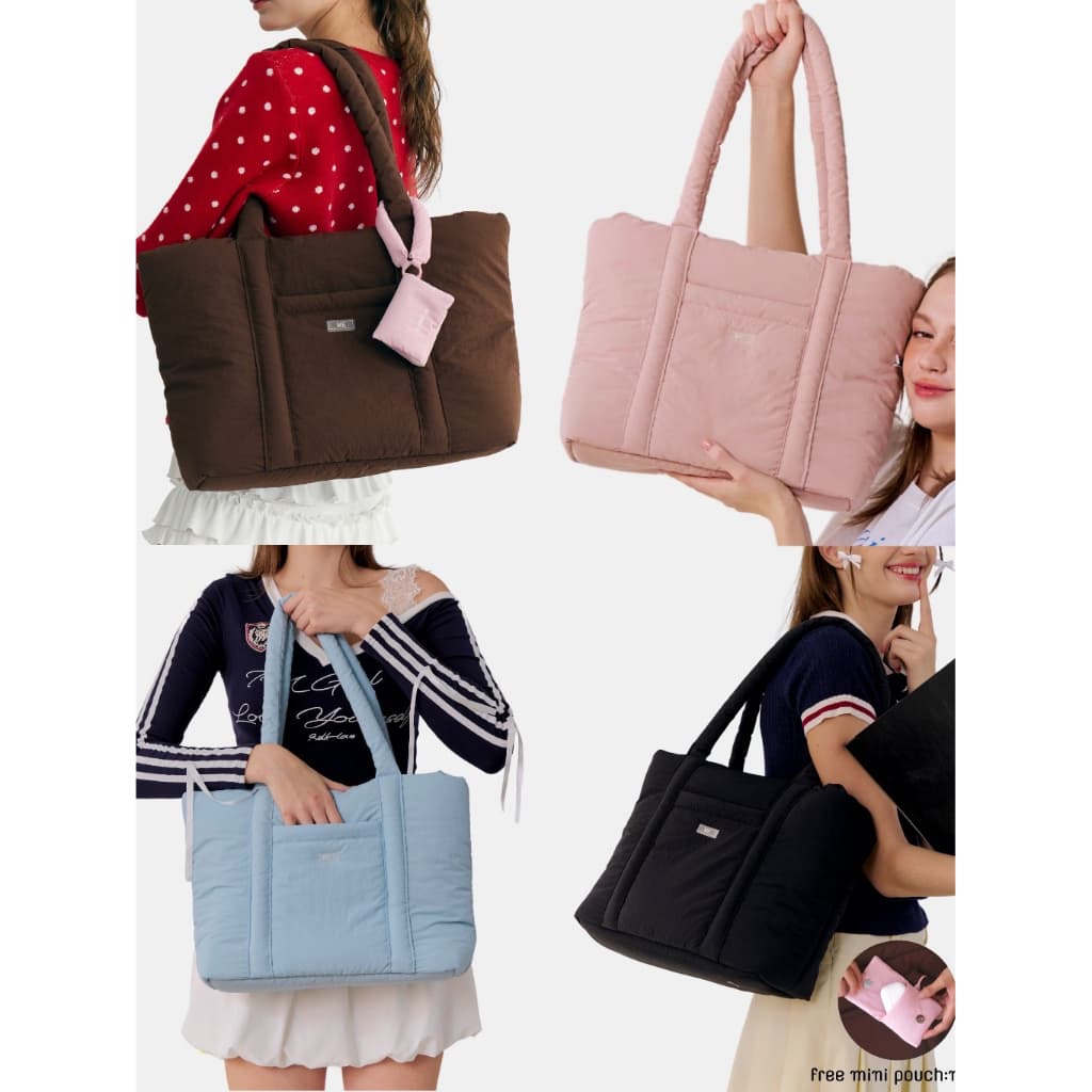 A DAY PUFFY TOTE BAG กระเป๋านุ่มนิ่มไซค์ใหญ่ “กันน้ํา” รองรับโน๊ตบุ้ค15นิ้ว (ฟรีพวงกุญแจ mini pouch)