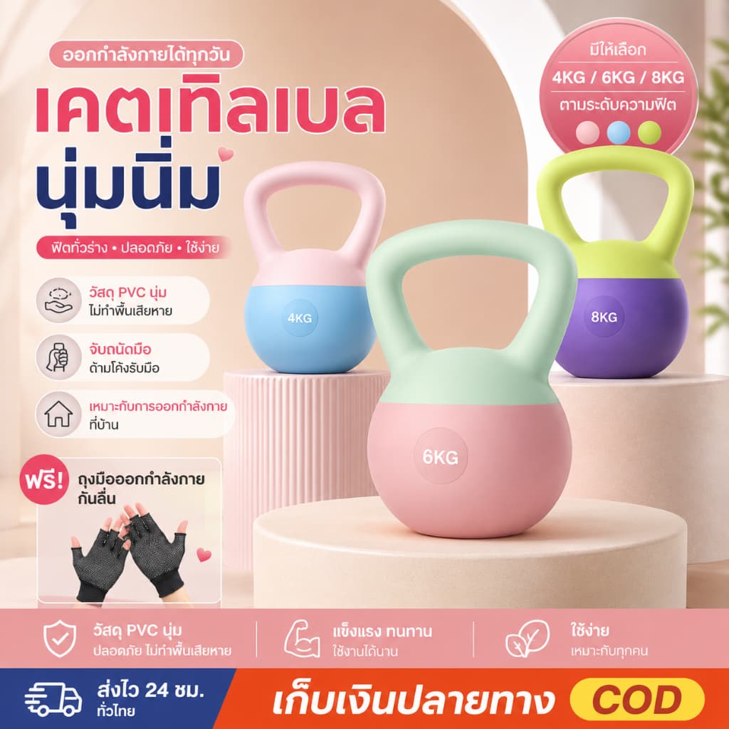เคตเทิลเบลล์แบบนุ่ม kettlebell วัสดุพีวีซีนุ่ม 4/6/8/kg สําหรับผู้เริ่มต้น ดัมเบลหูหิ้ว ลดเสียงรบกวน…