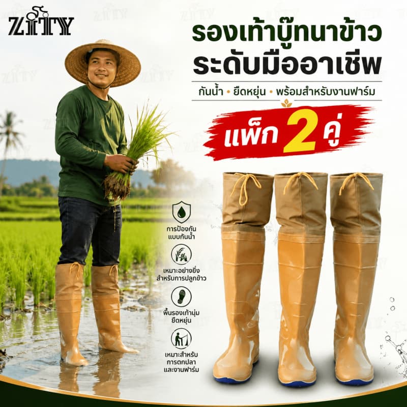 ZITY รองเท้าบูทกันน้ําสูง60ซม. รองเท้าลุยน้ําทํานา ทําสวน พื้นยางกันลื่น มีเชือกปิดปากรองเท้า กันโคลน…