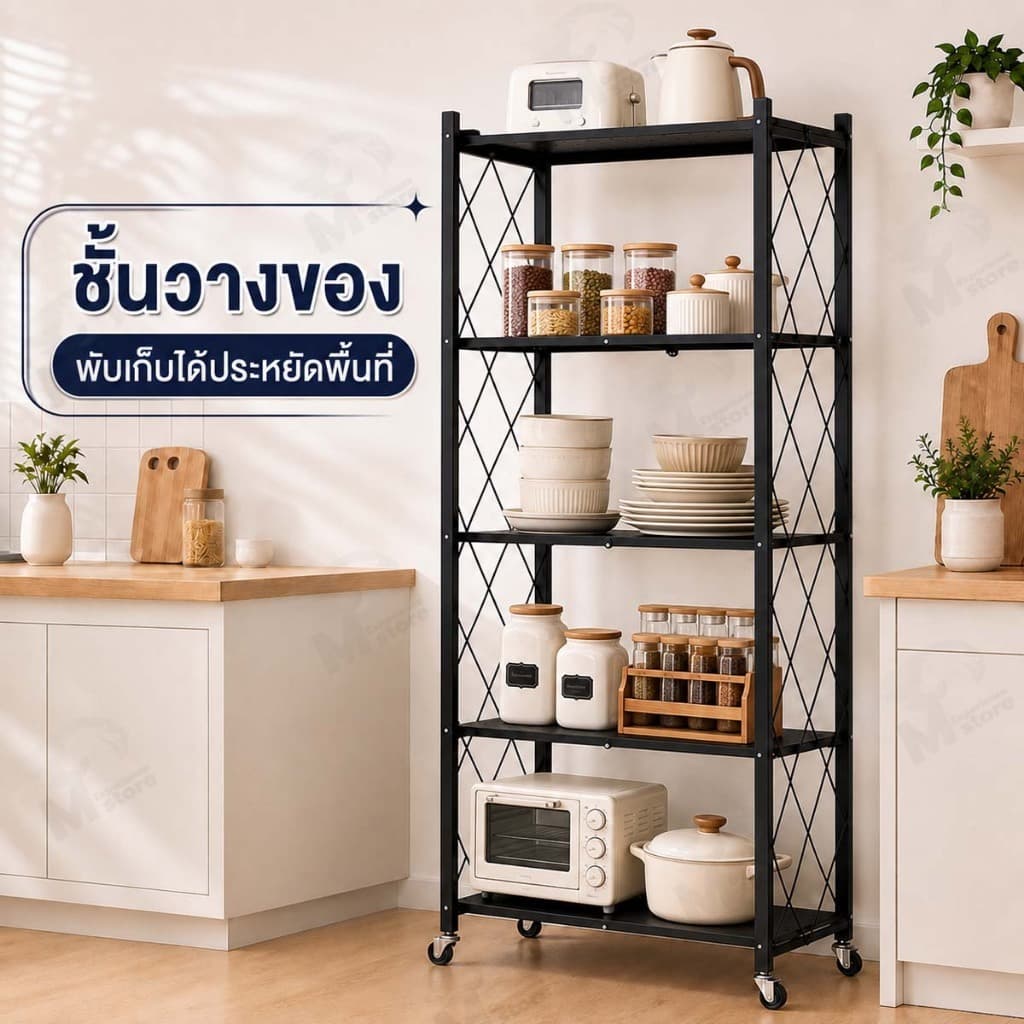 ชั้นวางของ ชั้นเก็บของ พับเก็บได้ ชั้นวางเหล็ก ชั้นวางในครัว ชั้นวางมีล้อ โครงเหล็กเคลือบกันสนิม ZD
