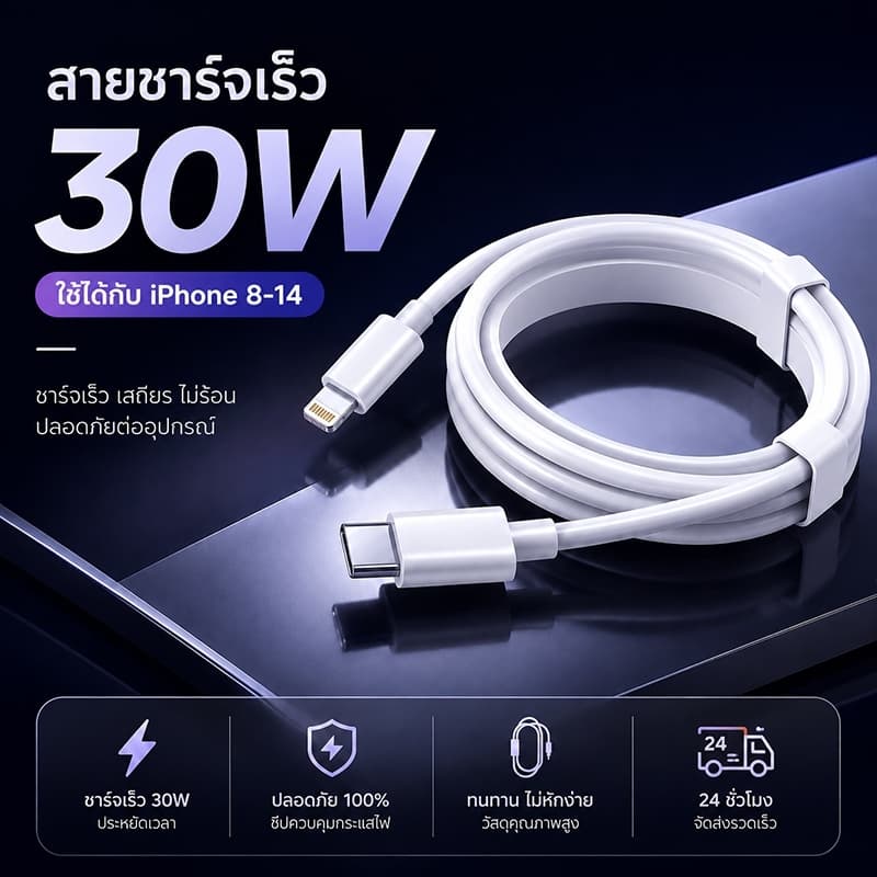 สายชาร์จเร็ว PD30W C to iOS ใช้ได้กับ IPhone 6 7 8 8lus x xr 11 12 13 14 ProMax