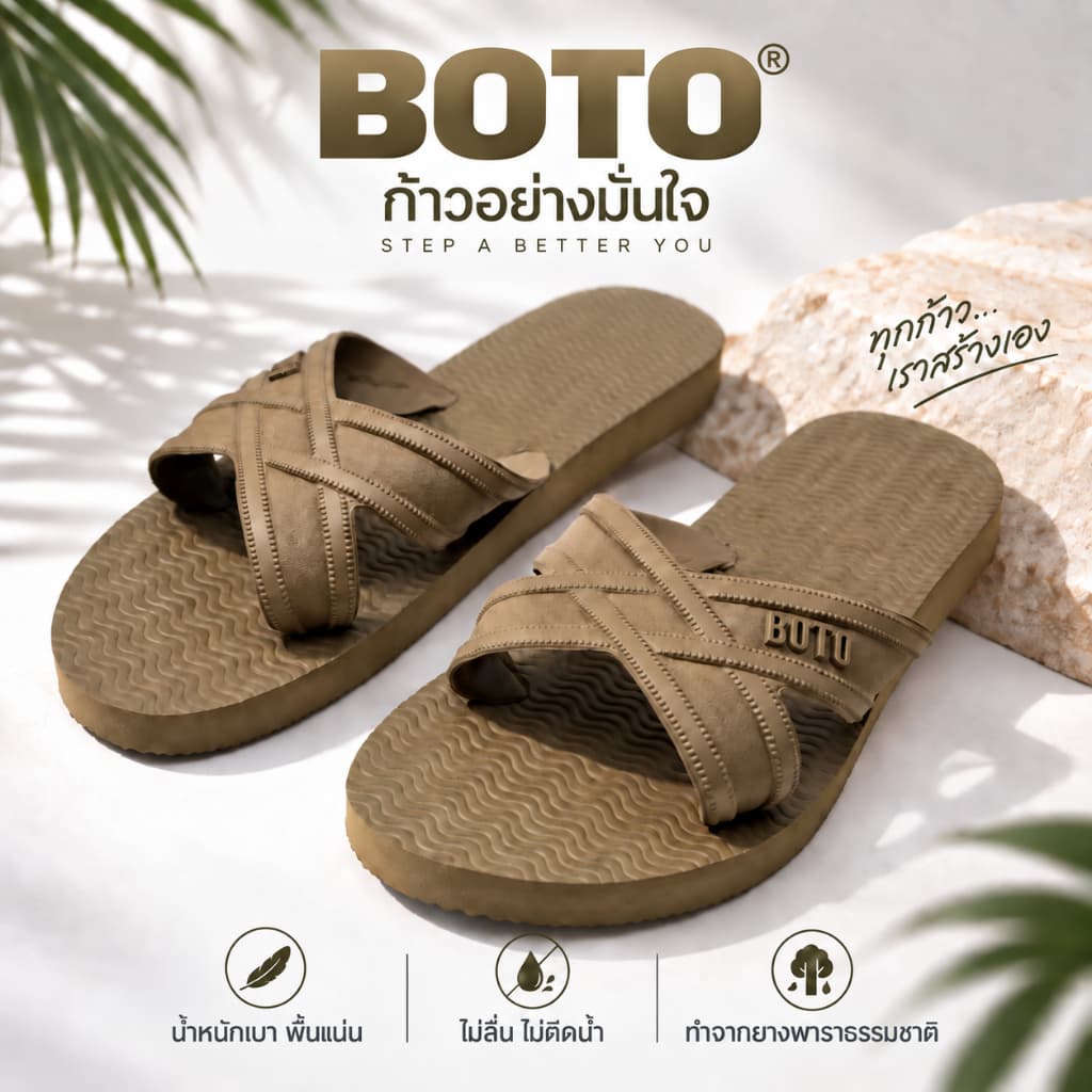 B1 รองเท้าแตะ รองเท้าแตะแบบสวม ทําจากยางพาราแท้ ยี่ห้อ BOTO นิ่ม สบาย ไม่ลื่น ไม่ดีดน้ํา