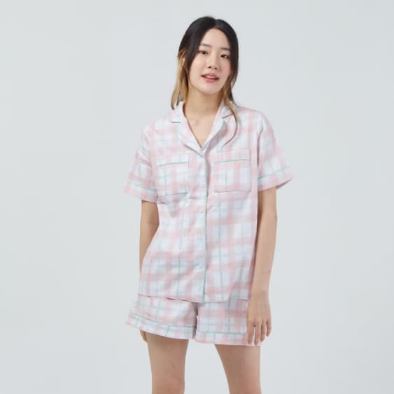 ชุดนอน sliptosleep -Salmon Grids Shorts Set