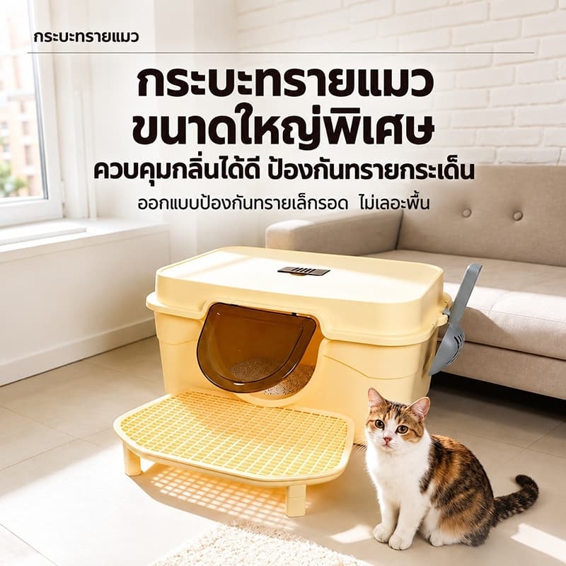ห้องน้ําแมวตัวใหญ่ cat litter box กล่องทรายแมว ห้องน้ําแมว กระบะทรายแมวแบบปิด กระบะทราย ป้องกันกลิ่น…