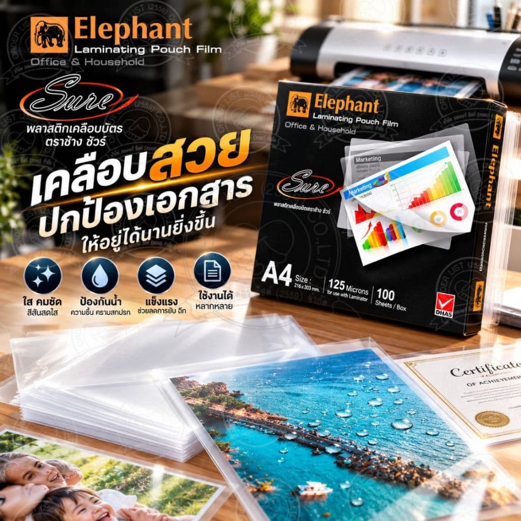 ตราช้าง พลาสติกเคลือบบัตร A4 125 ไมครอน (100 แผ่น/กล่อง) รุ่น Sure
