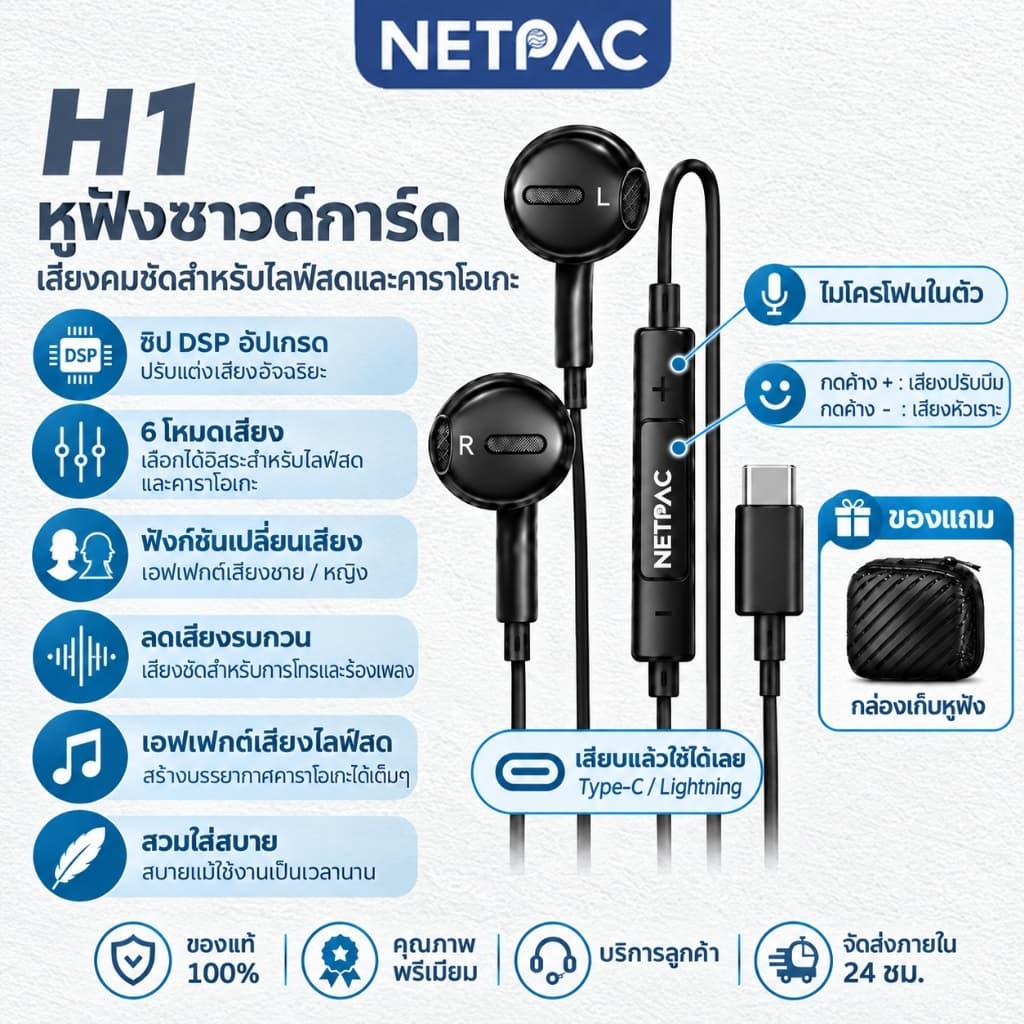NETPAC H1 หูฟังไลฟ์สดมีสาย ซาวด์การ์ดในตัว ไมค์ในตัว ลดเสียงรบกวน เอฟเฟกต์เสียงไลฟ์สด…