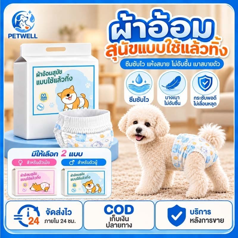 PETWELL ผ้าอ้อมสุนัข กันรั่ว 12 เม็ดต่อแพ็ค ซึมซับเร็ว นุ่มไม่ระคายเคือง ระบายอากาศดี สําหรับตัวผู้ตัวเมีย รูปที่ 1