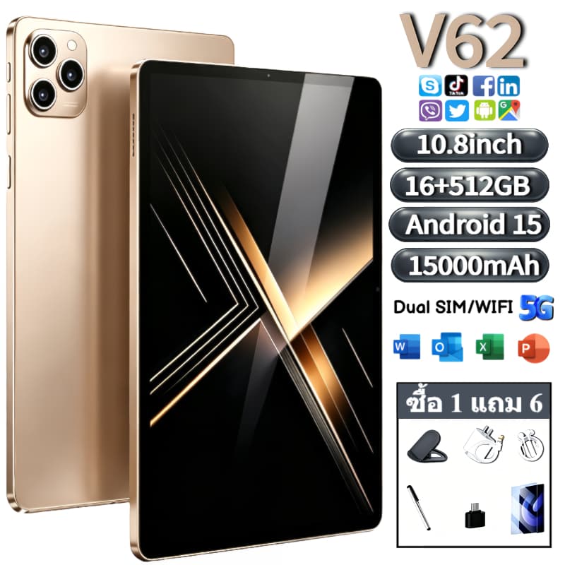 แท็บเล็ต v62 Android 15 10.8 นิ้วหน้าจอ RAM 16GB 1TB 15000mAh ความจุ Dual SIM สแตนด์บายรองรับ 5G wifi
