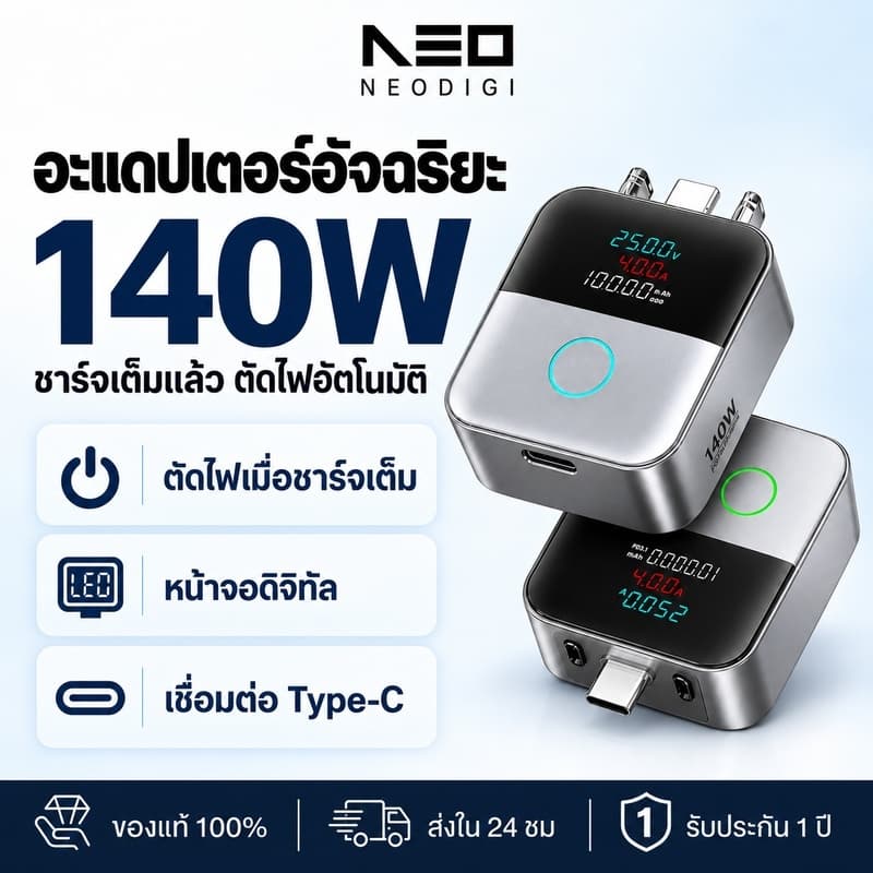 NEODIGI X02 อะแดปเตอร์ชาร์จเร็ว 140W Type-C หน้าจอแสดงผลอัจฉริยะ สําหรับปลอดภัยข้ามคืนชาร์จสมาร์ทอัตโนมัติหยุด…