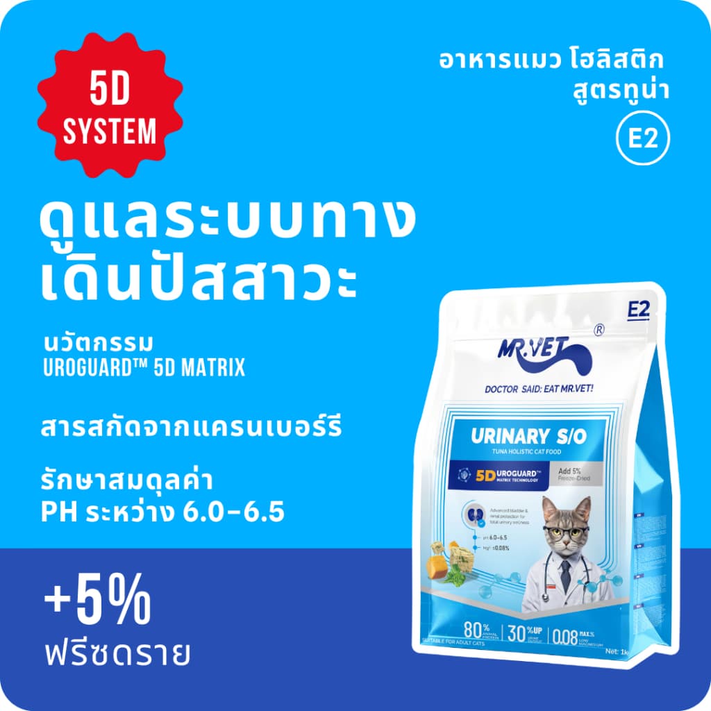 MR.VET E2 UroGuardTM 5D Matrix อาหารแมว 1KG 2KG 3KG ดูแลระบบทางเดินปัสสาวะและไต ดูแล pH การเกิดนิ่ว โปรตีนสูง…